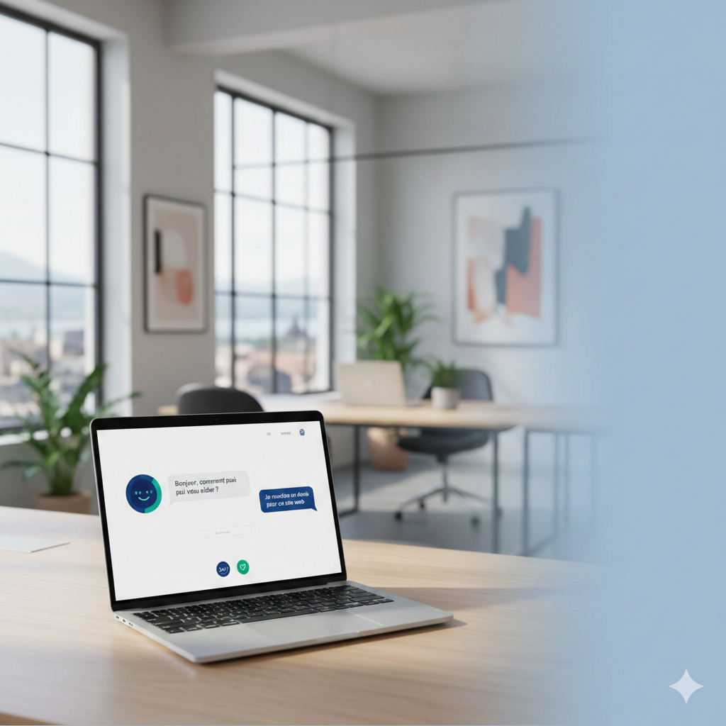 Chatbot interface conversation, Swiss office background