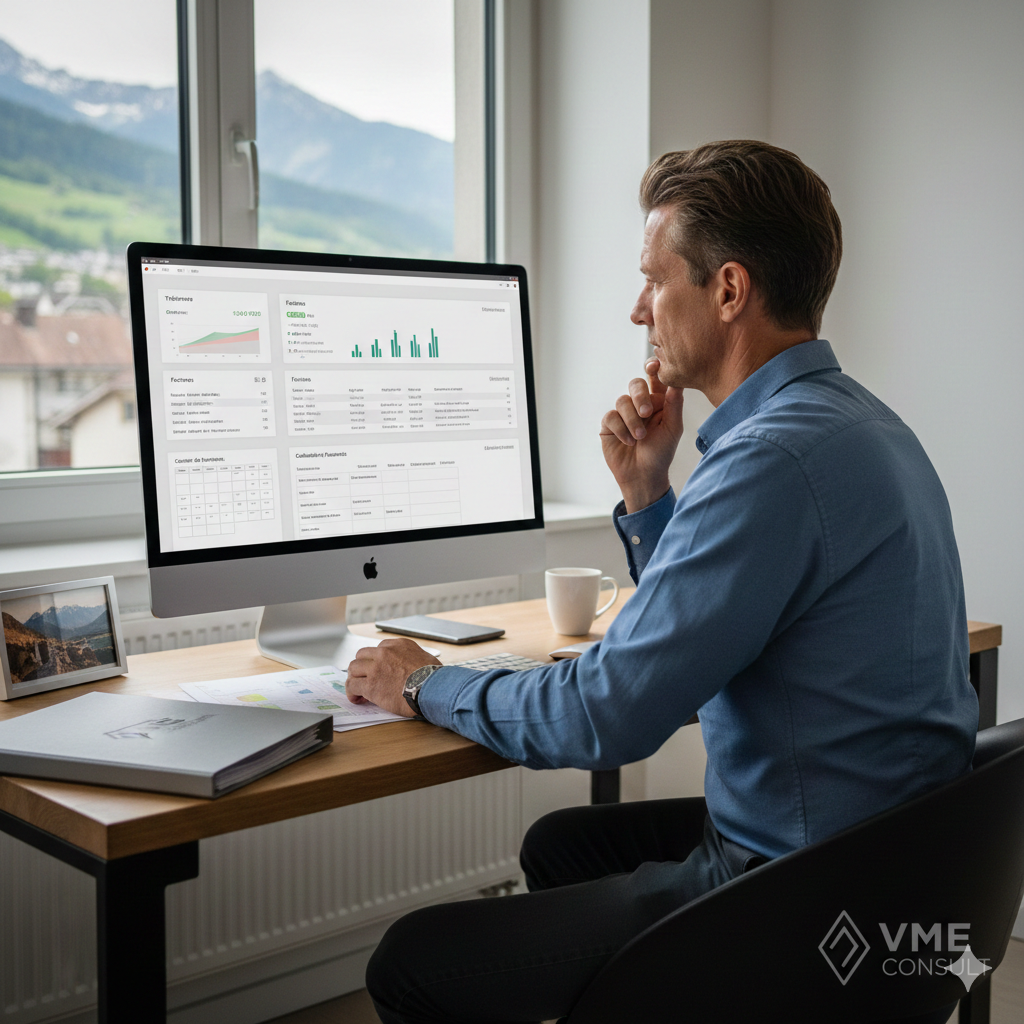 Propriétaire PME Vaud gérant sa trésorerie et ses factures sur ordinateur avec calendrier de paiements