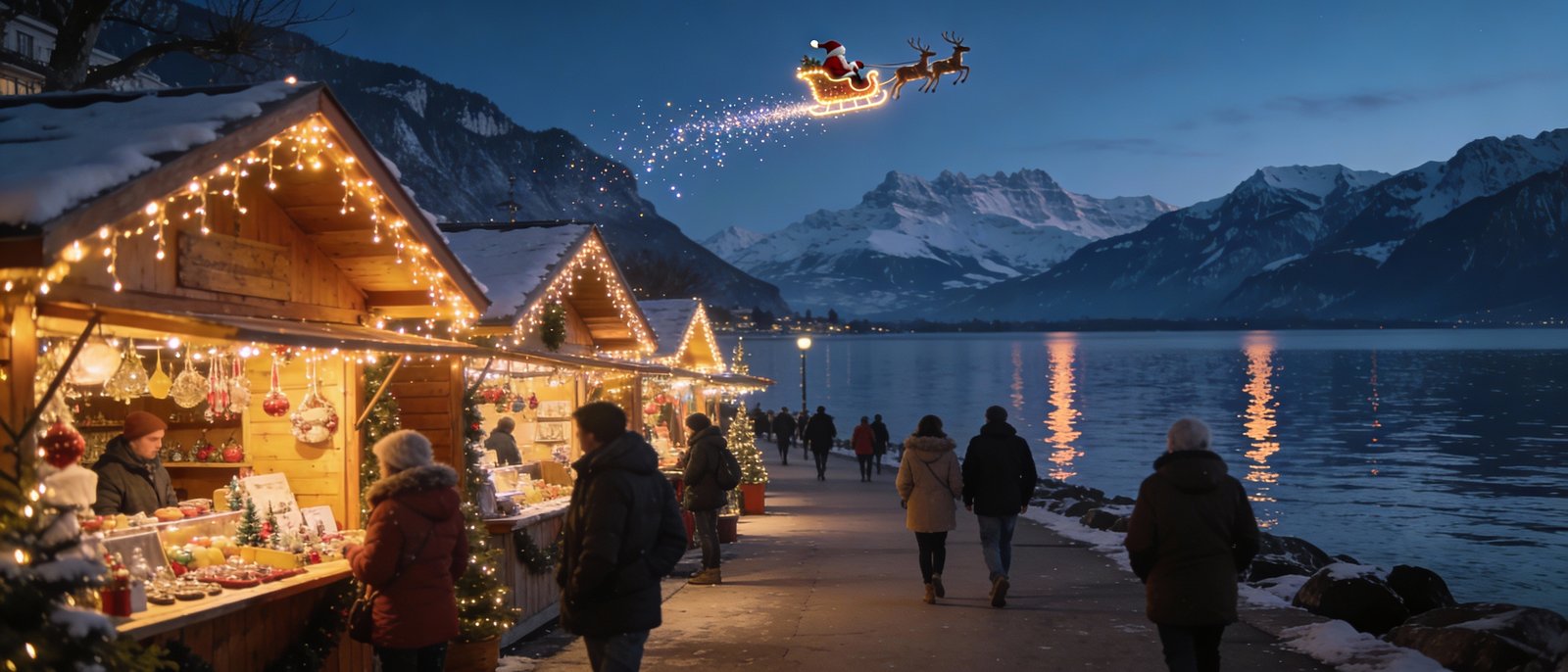 Marché de Noël de Montreux 2025 au crépuscule avec chalets illuminés et les Alpes enneigées